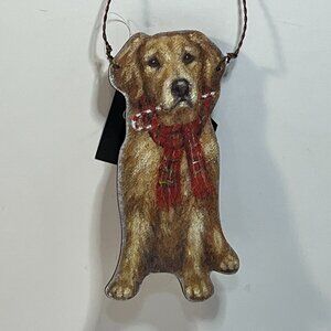 Golden Retriever Dog Wooden Christmas Ornament Candy Cane Scarf 5" x 2.5" New